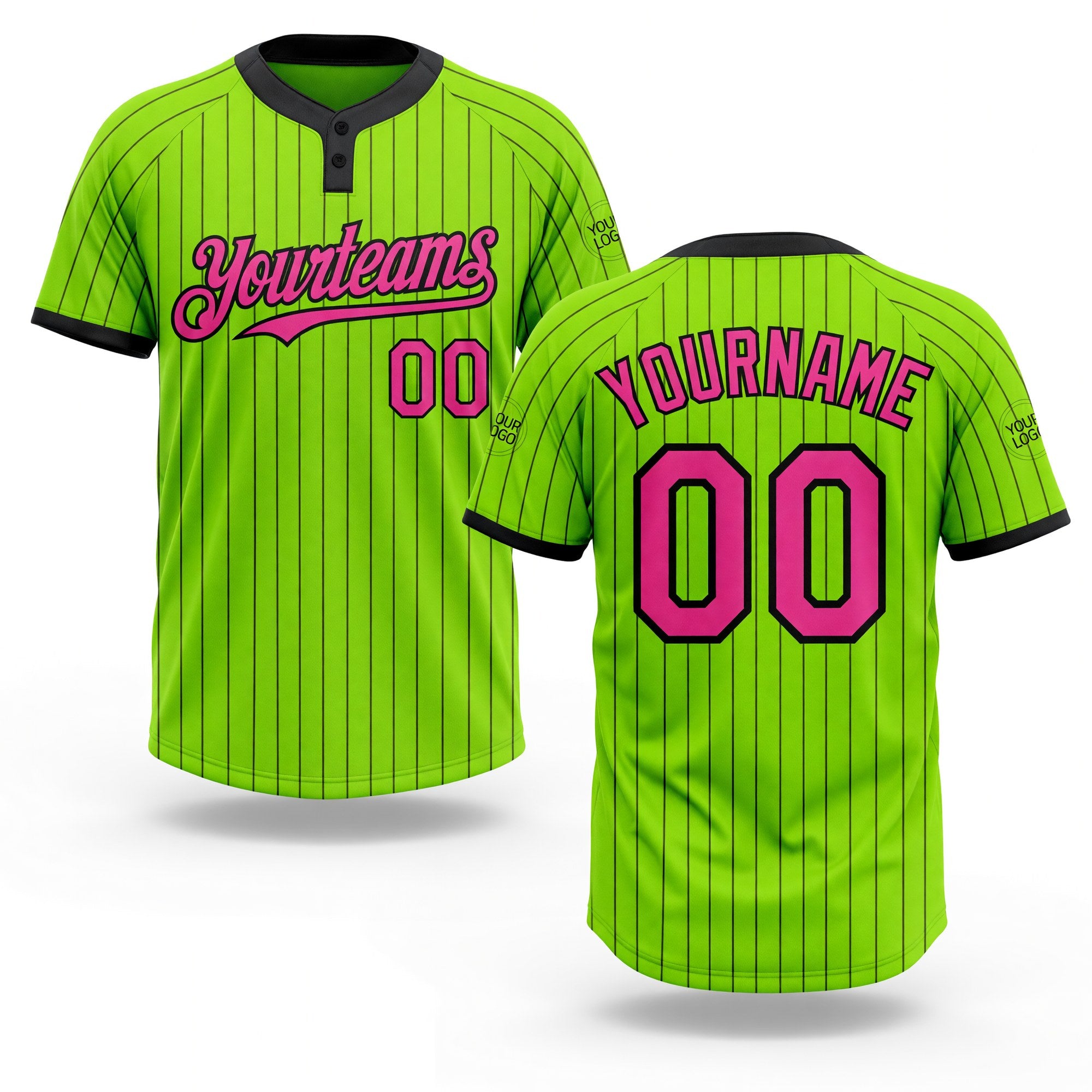 Custom Neon Green Black Pinstripe Pink Two-Button Unisex Softball Jersey