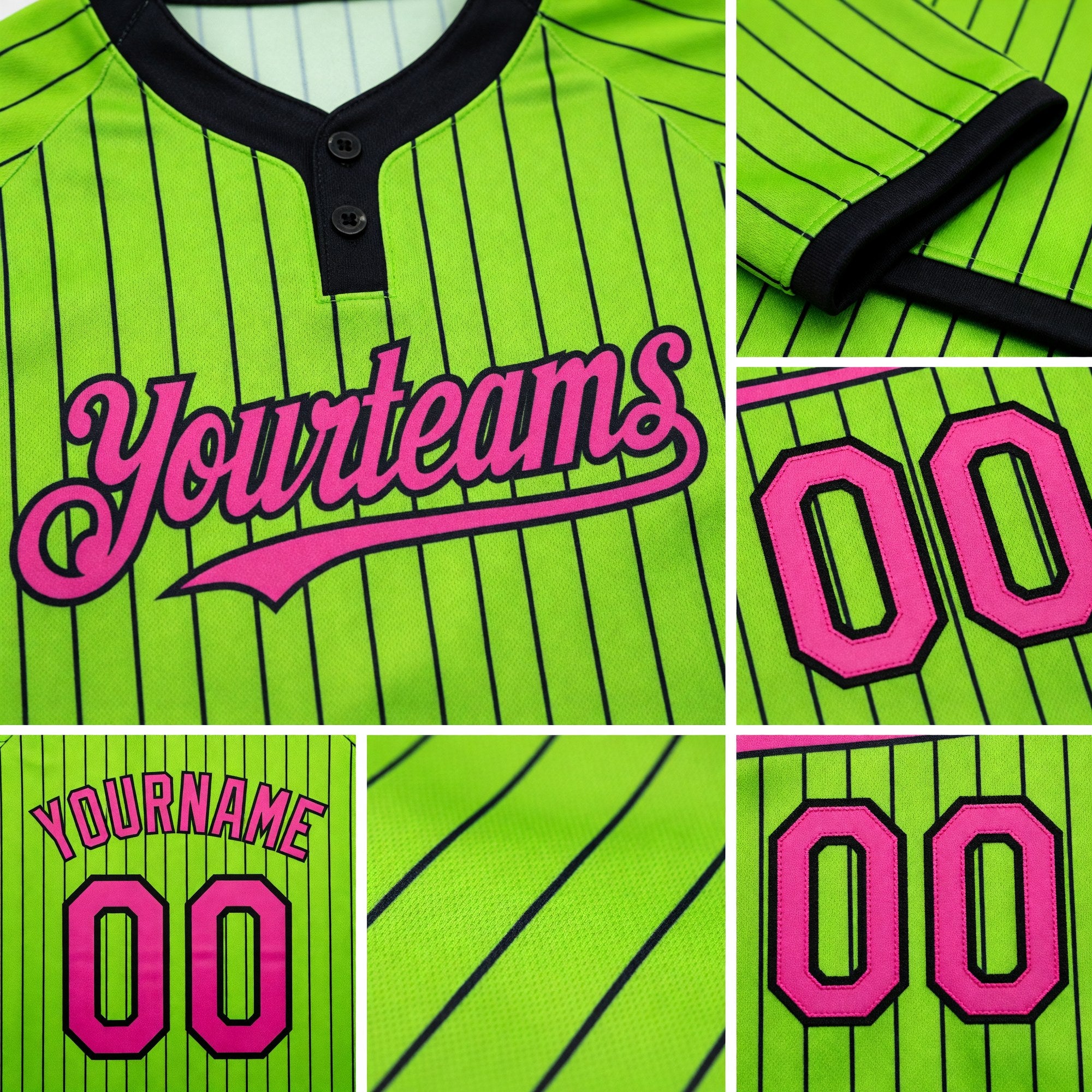 Custom Neon Green Black Pinstripe Pink Two-Button Unisex Softball Jersey detail