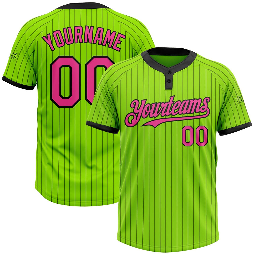 Custom Neon Green Black Pinstripe Pink Two-Button Unisex Softball Jersey photo 1