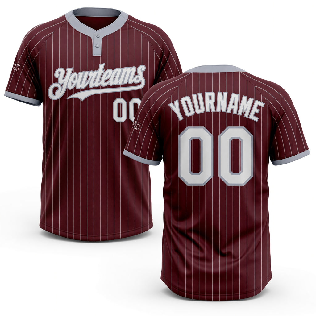 Custom Burgundy Gray Pinstripe White Two-Button Unisex Softball Jersey