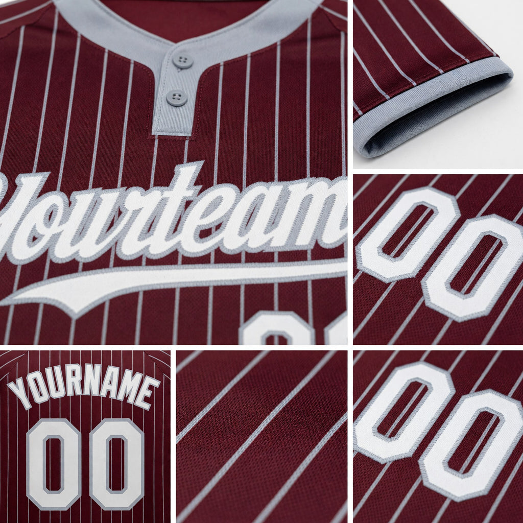 Custom Burgundy Gray Pinstripe White Two-Button Unisex Softball Jersey detail