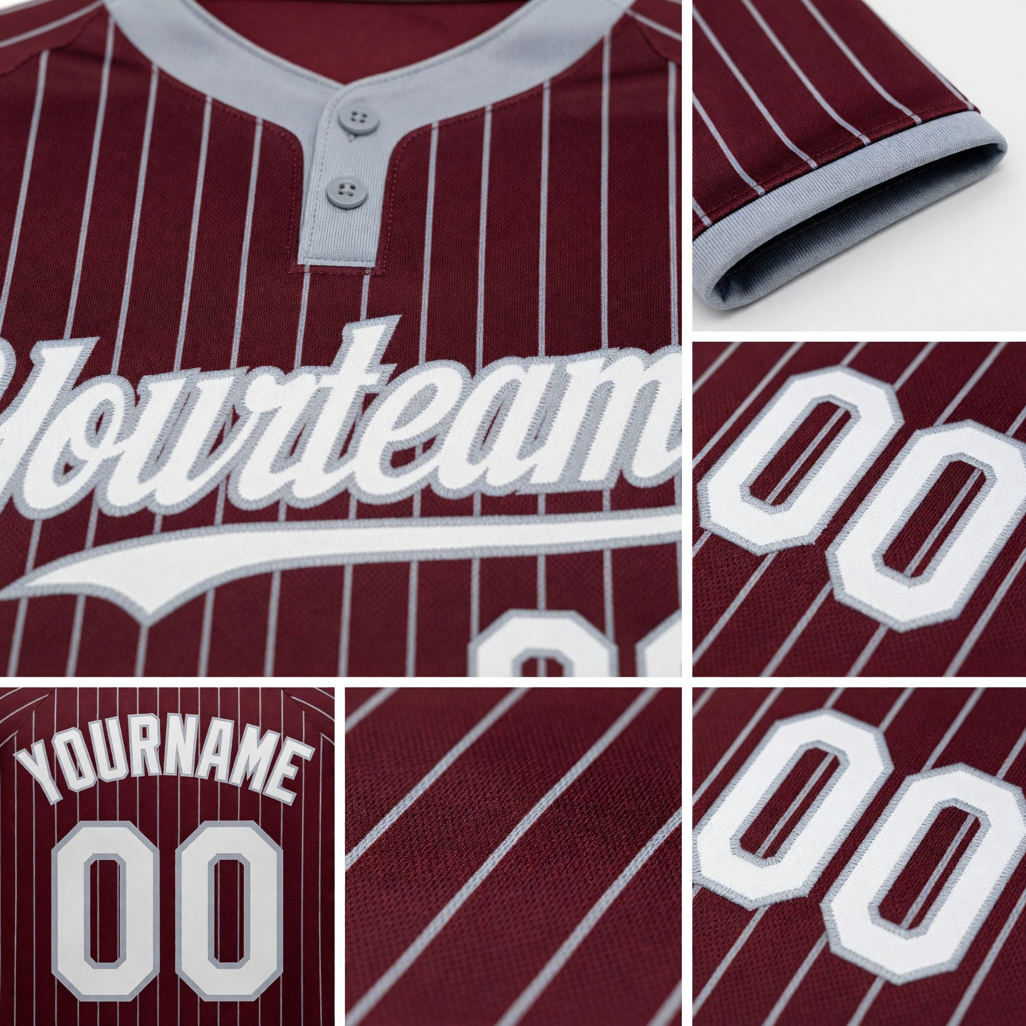 Custom Burgundy Gray Pinstripe White Two-Button Unisex Softball Jersey detail