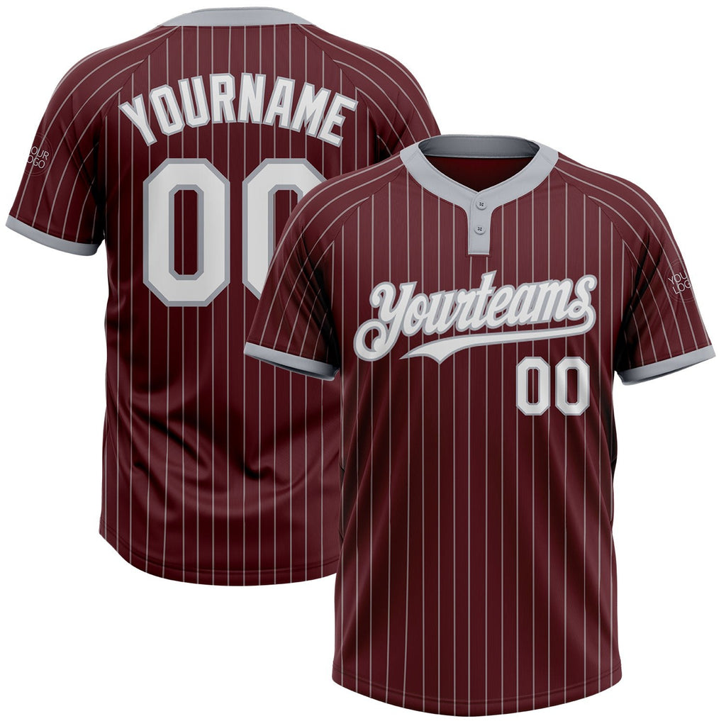 Custom Burgundy Gray Pinstripe White Two-Button Unisex Softball Jersey photo 1