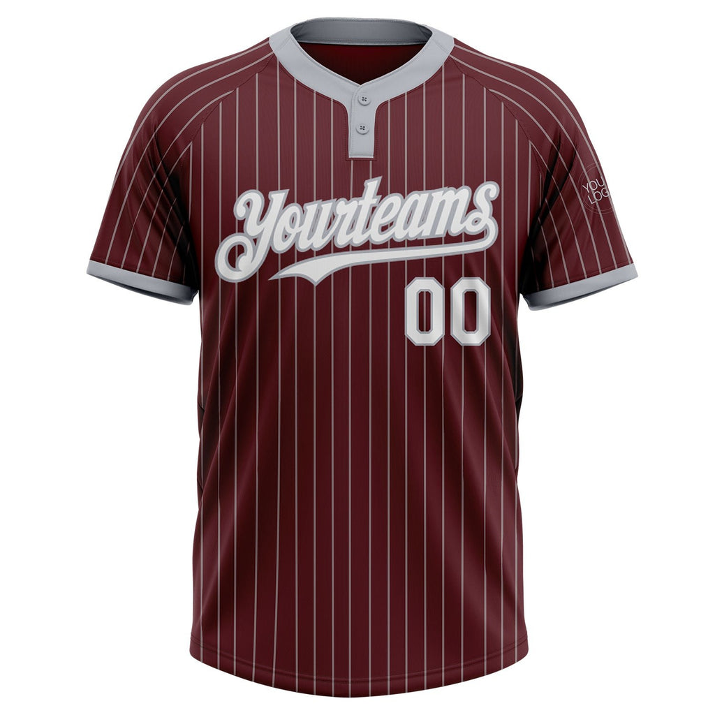 Custom Burgundy Gray Pinstripe White Two-Button Unisex Softball Jersey photo 2