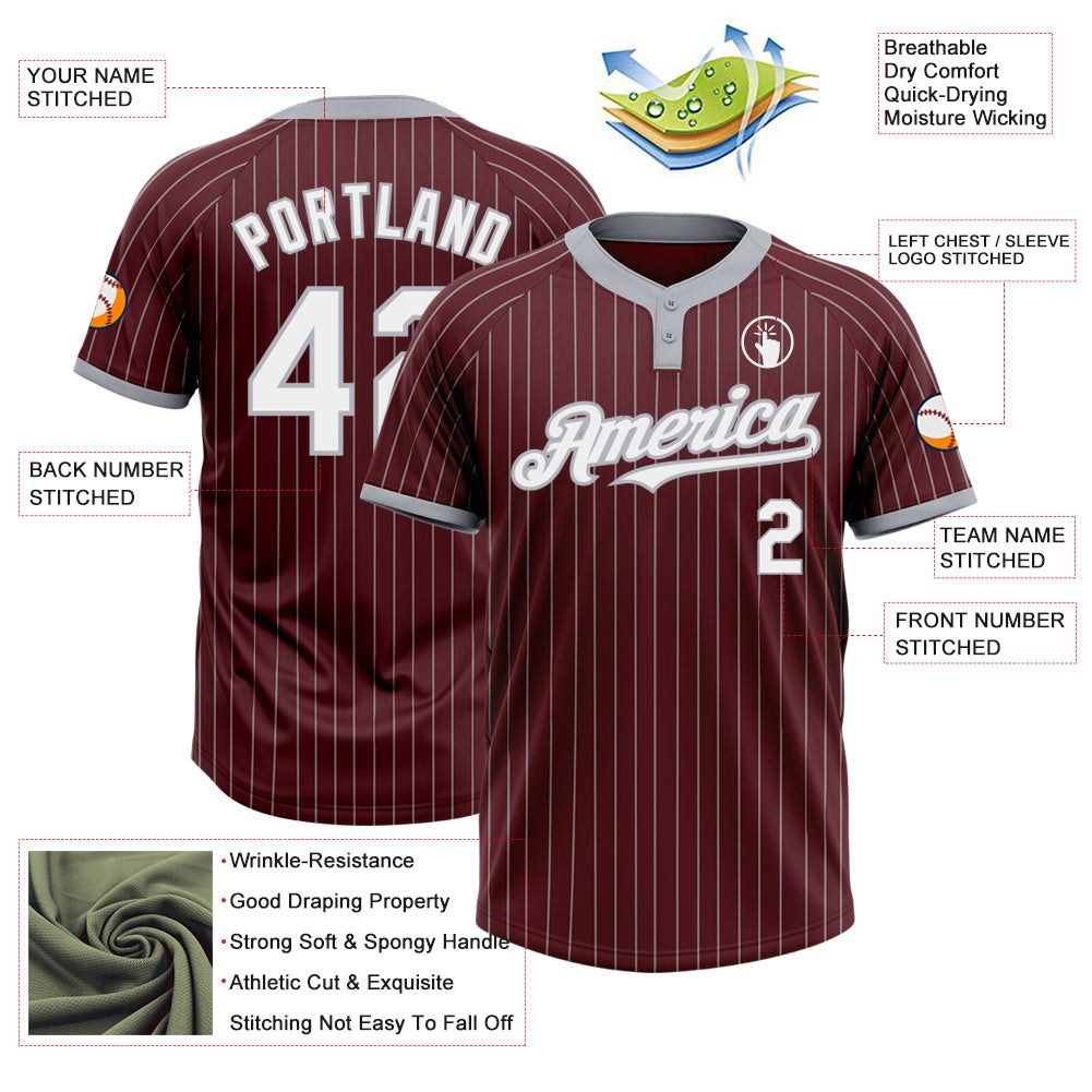 Custom Burgundy Gray Pinstripe White Two-Button Unisex Softball Jersey photo 3