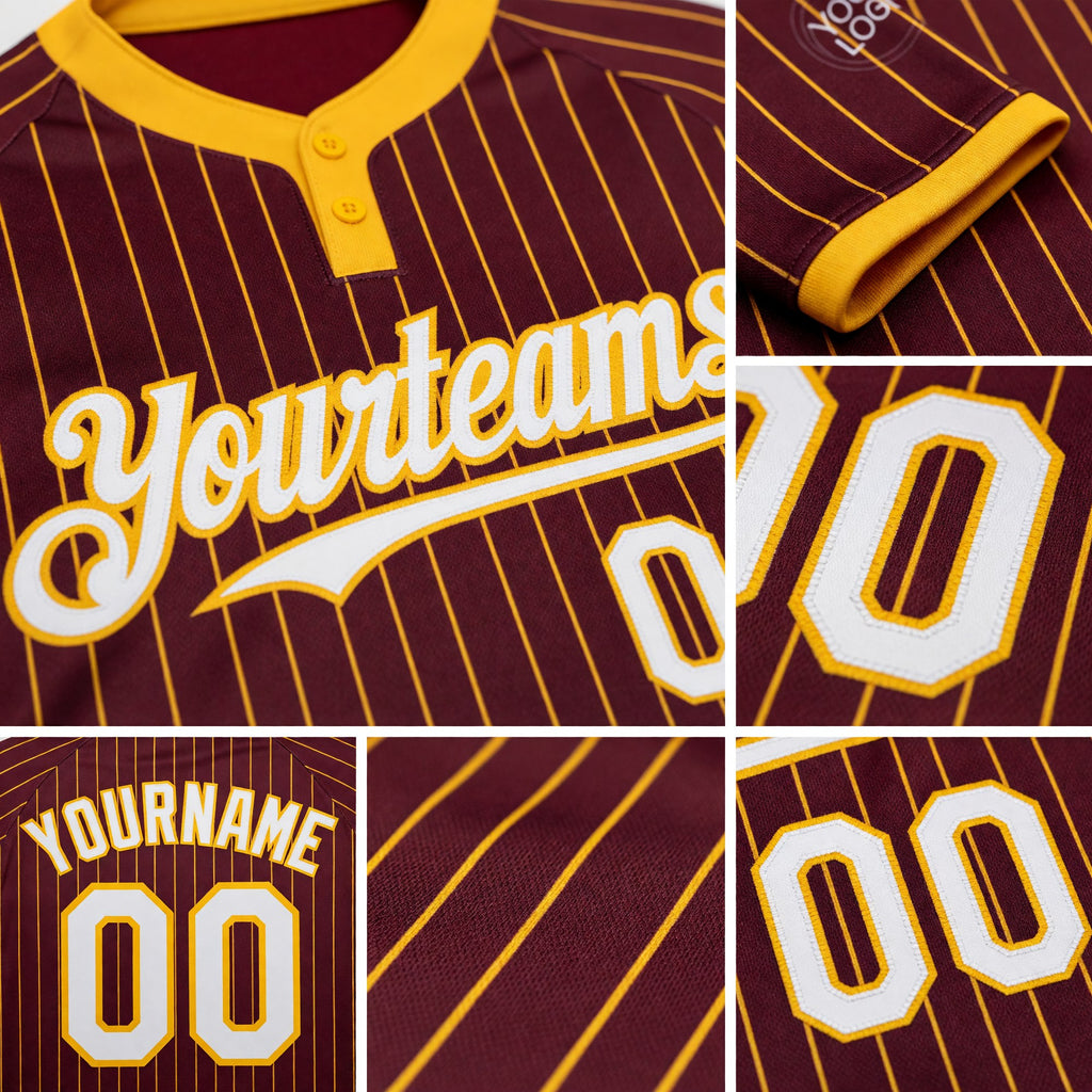 Custom Burgundy Gold Pinstripe White Two-Button Unisex Softball Jersey detail