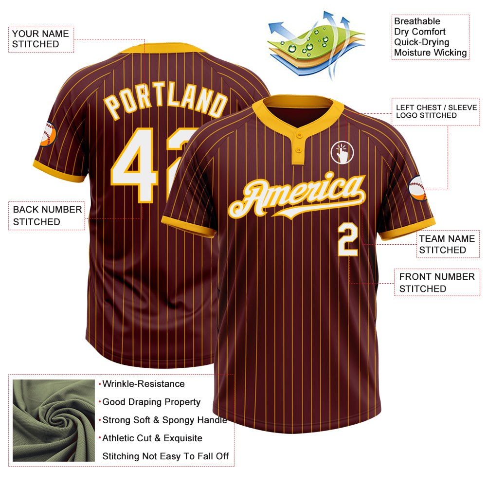 Custom Burgundy Gold Pinstripe White Two-Button Unisex Softball Jersey photo 3