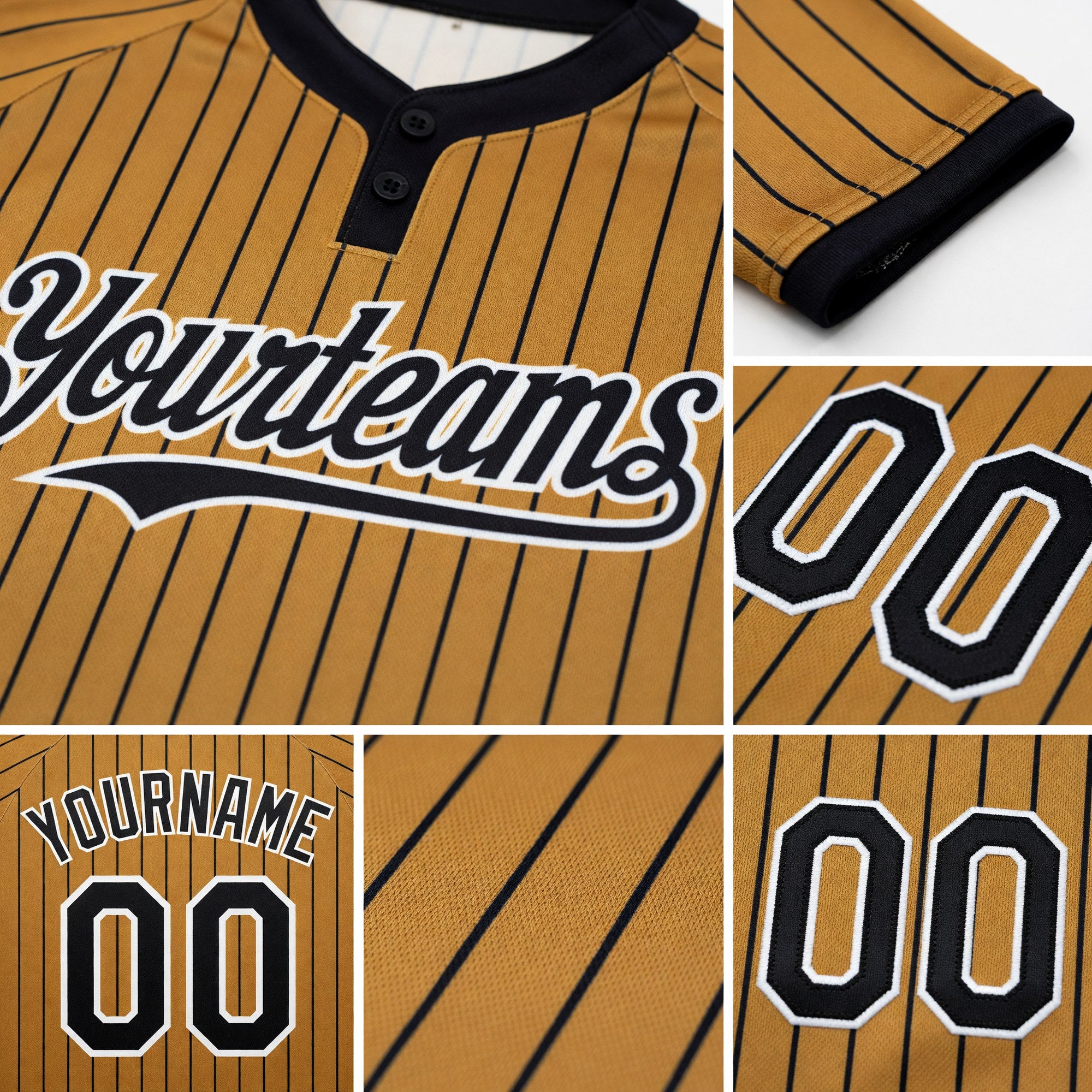 Custom Old Gold Black Pinstripe White Two-Button Unisex Softball Jersey detail