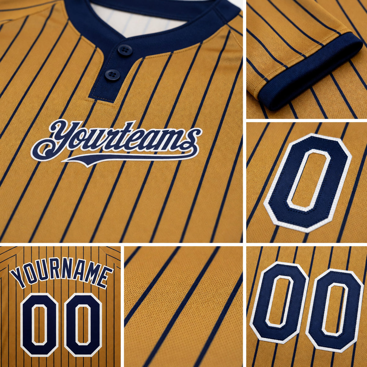 Custom Old Gold Navy Pinstripe White Two-Button Unisex Softball Jersey detail