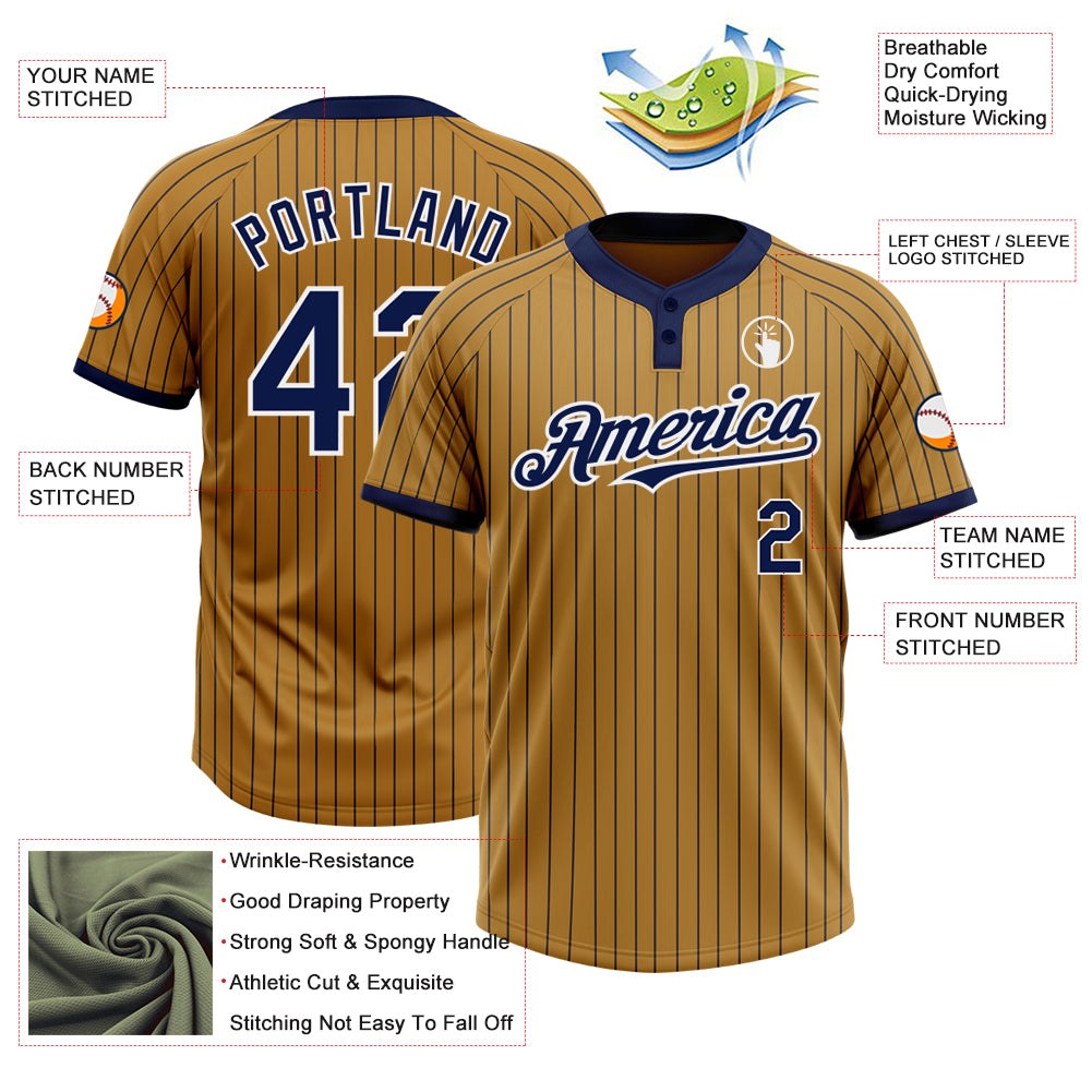 Custom Old Gold Navy Pinstripe White Two-Button Unisex Softball Jersey photo 3