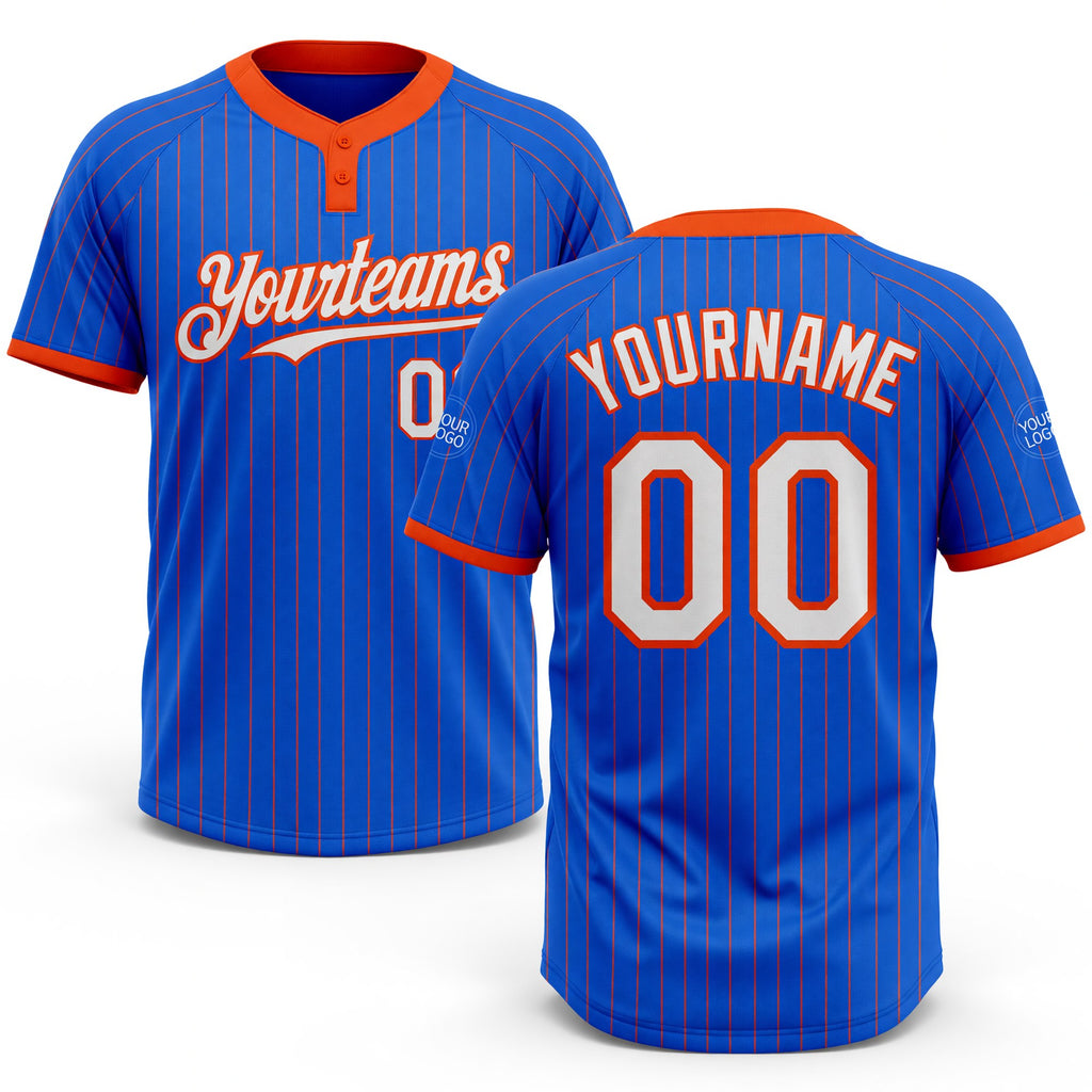 Custom Thunder Blue Orange Pinstripe White Two-Button Unisex Softball Jersey