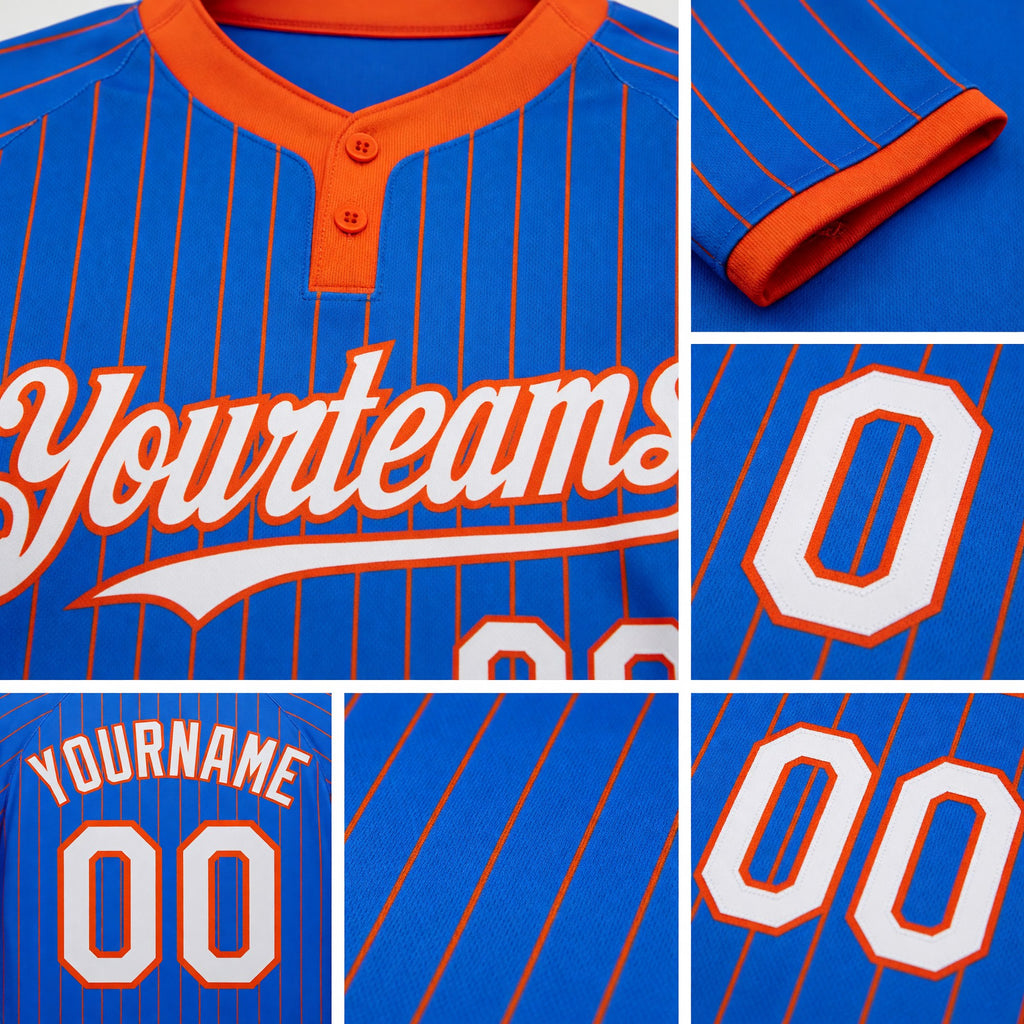 Custom Thunder Blue Orange Pinstripe White Two-Button Unisex Softball Jersey detail