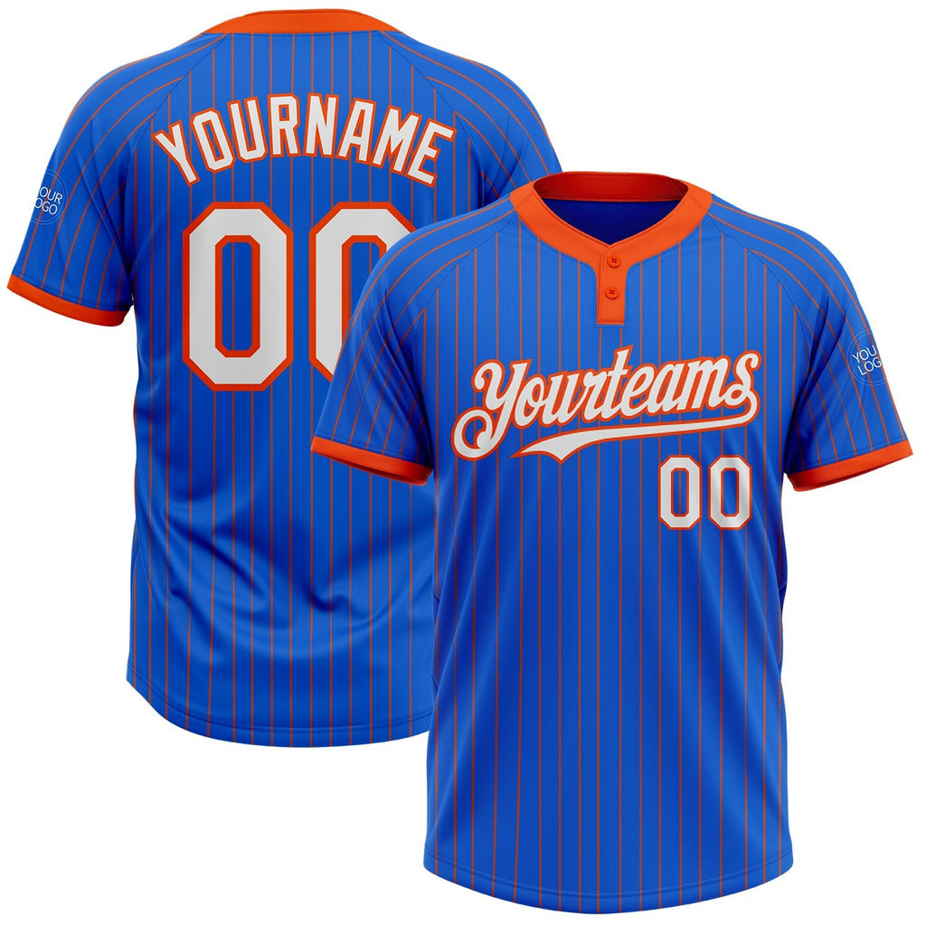 Custom Thunder Blue Orange Pinstripe White Two-Button Unisex Softball Jersey photo 1