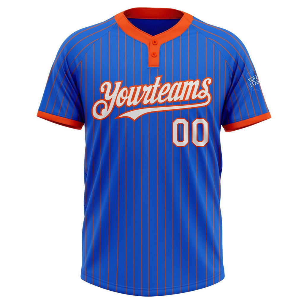 Custom Thunder Blue Orange Pinstripe White Two-Button Unisex Softball Jersey photo 2