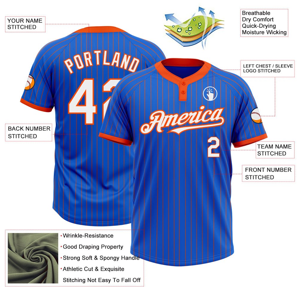 Custom Thunder Blue Orange Pinstripe White Two-Button Unisex Softball Jersey photo 3