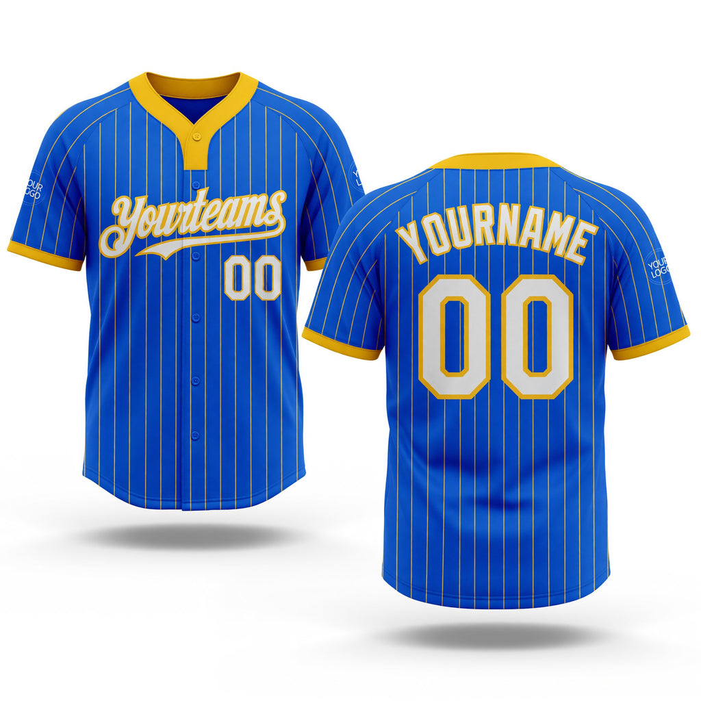 Custom Thunder Blue Yellow Pinstripe White Two-Button Unisex Softball Jersey