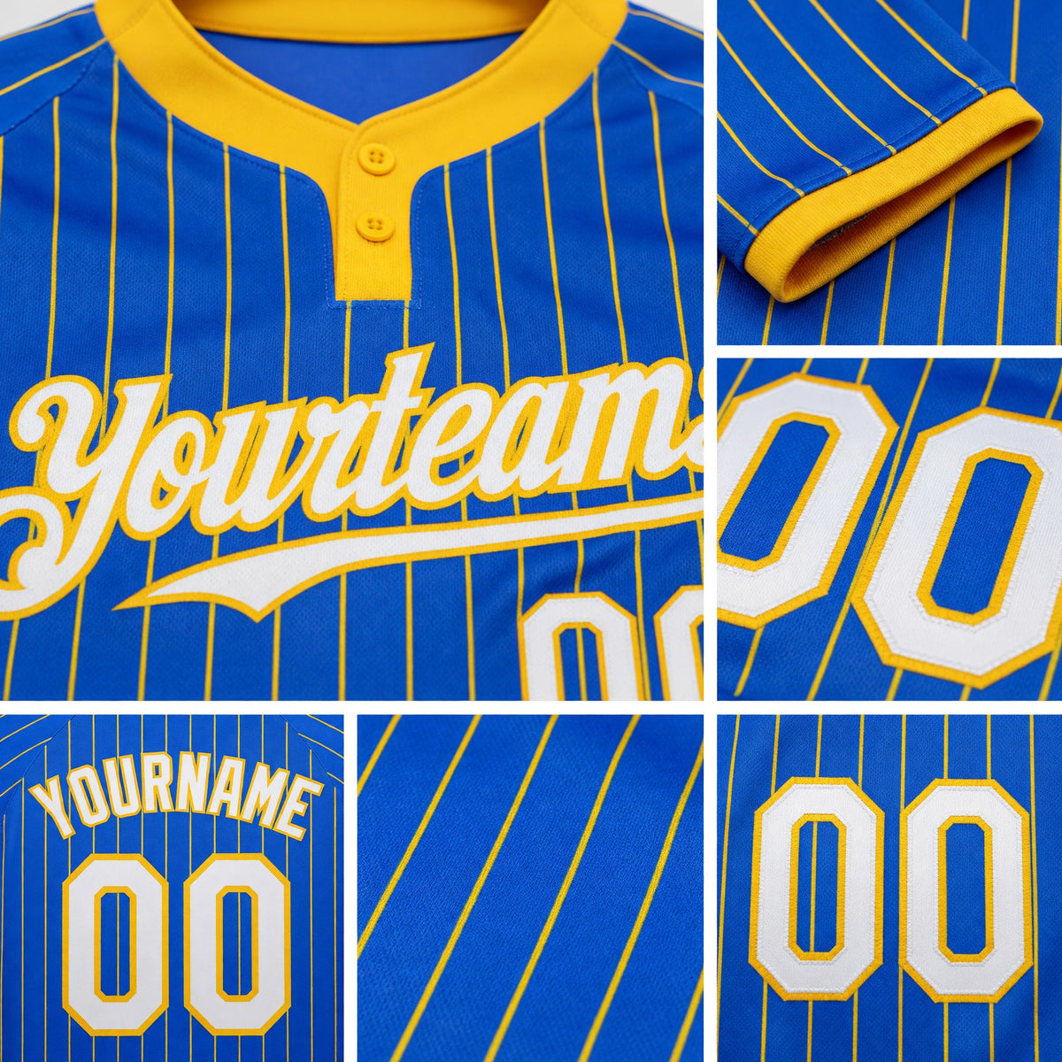 Custom Thunder Blue Yellow Pinstripe White Two-Button Unisex Softball Jersey detail