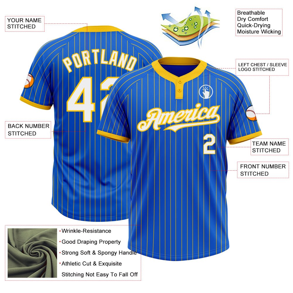 Custom Thunder Blue Yellow Pinstripe White Two-Button Unisex Softball Jersey photo 3