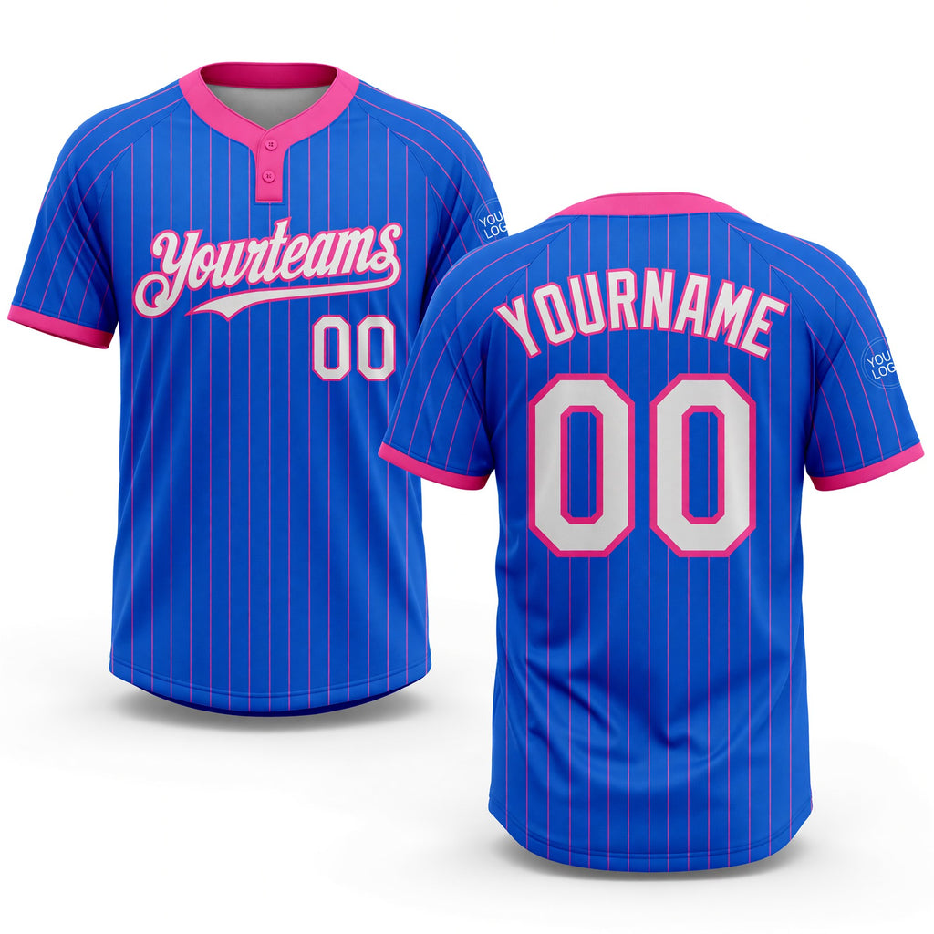 Custom Thunder Blue Pink Pinstripe White Two-Button Unisex Softball Jersey