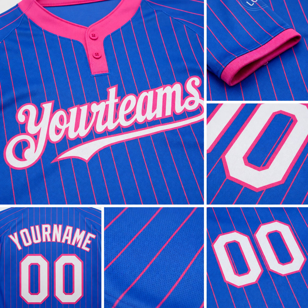 Custom Thunder Blue Pink Pinstripe White Two-Button Unisex Softball Jersey detail