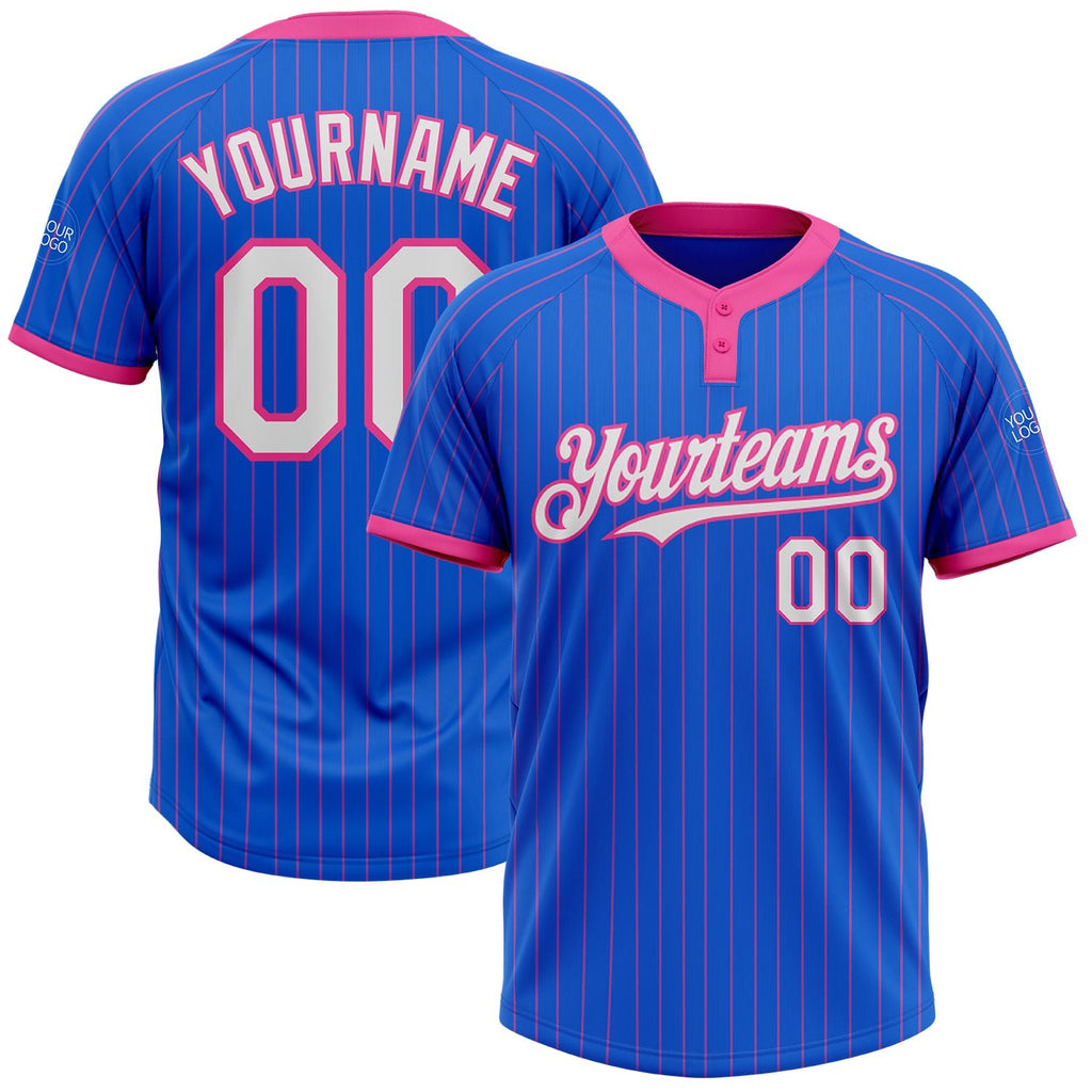 Custom Thunder Blue Pink Pinstripe White Two-Button Unisex Softball Jersey photo 1