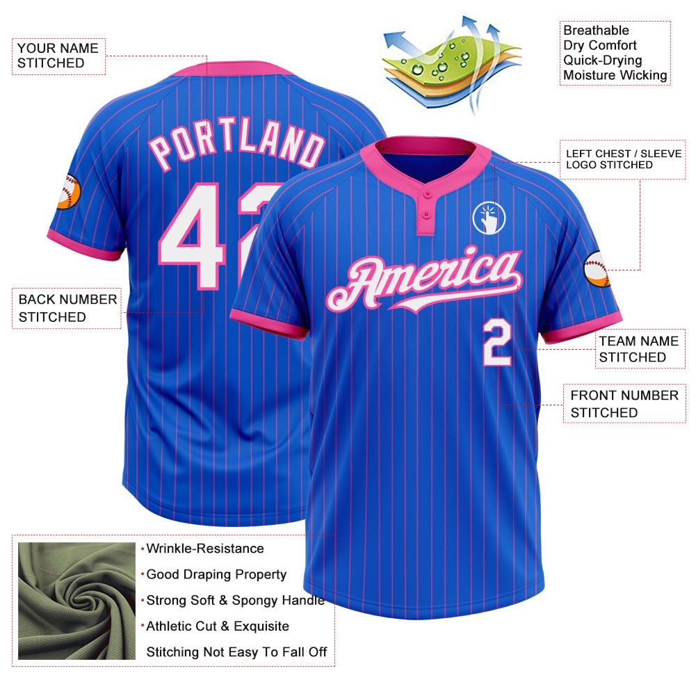 Custom Thunder Blue Pink Pinstripe White Two-Button Unisex Softball Jersey photo 3