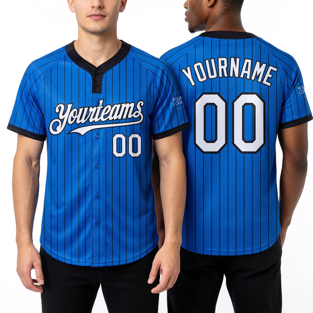 Custom Thunder Blue Black Pinstripe White Two-Button Unisex Softball Jersey worn front and back