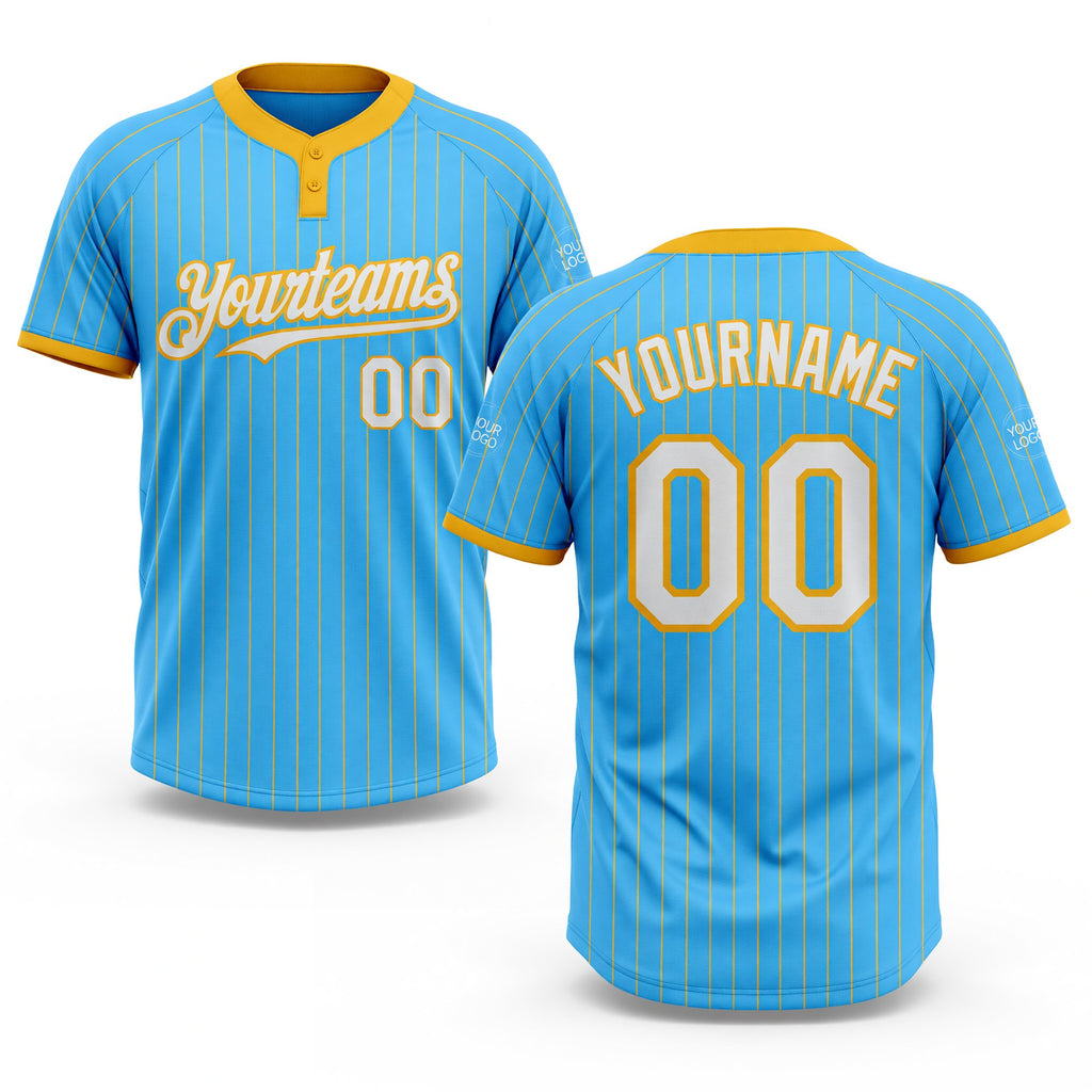 Custom Sky Blue Gold Pinstripe White Two-Button Unisex Softball Jersey