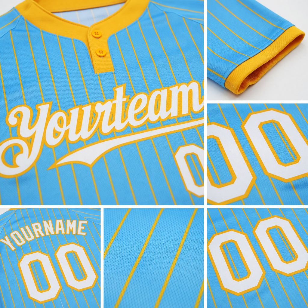 Custom Sky Blue Gold Pinstripe White Two-Button Unisex Softball Jersey detail