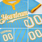 Custom Sky Blue Gold Pinstripe White Two-Button Unisex Softball Jersey detail