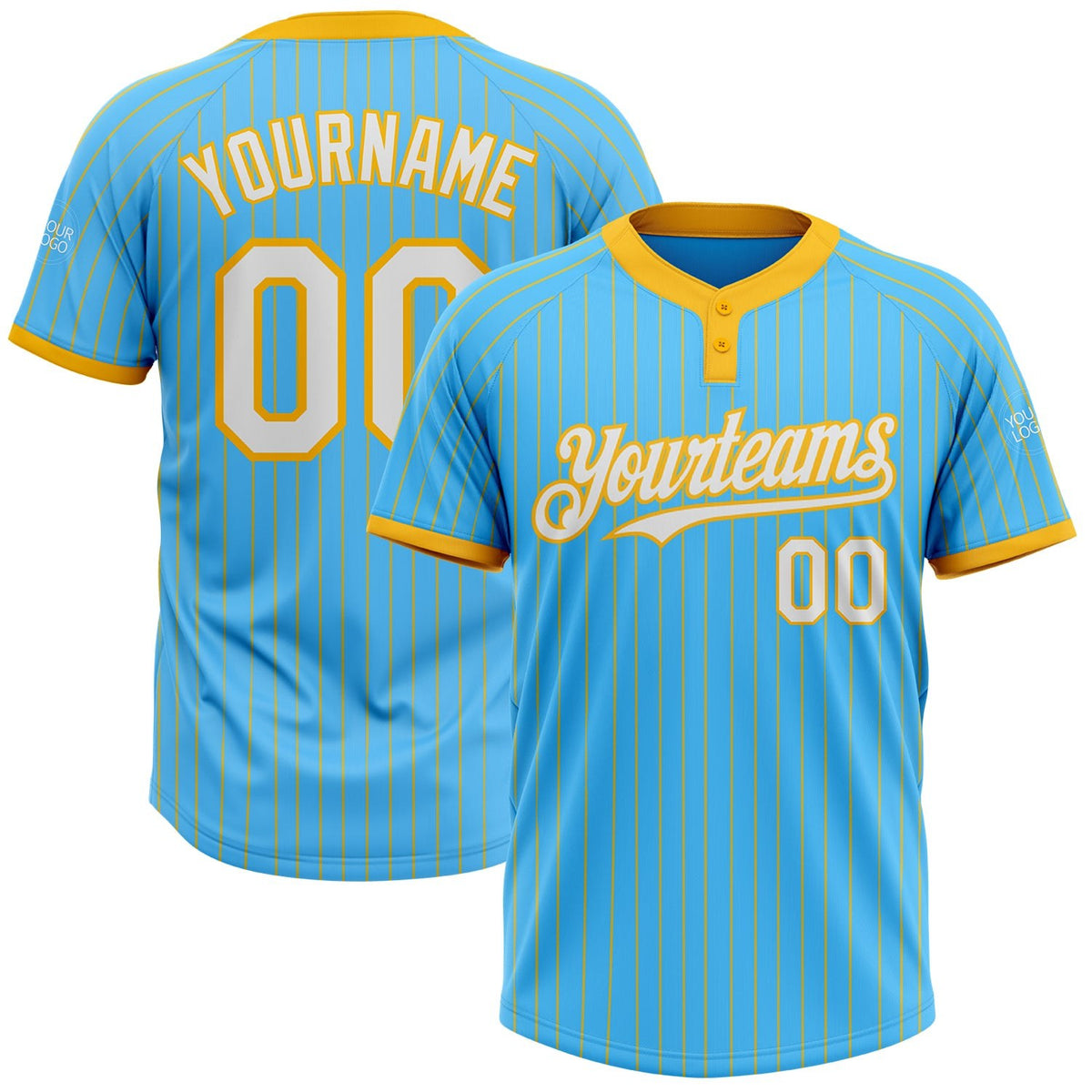Custom Sky Blue Gold Pinstripe White Two-Button Unisex Softball Jersey photo 1