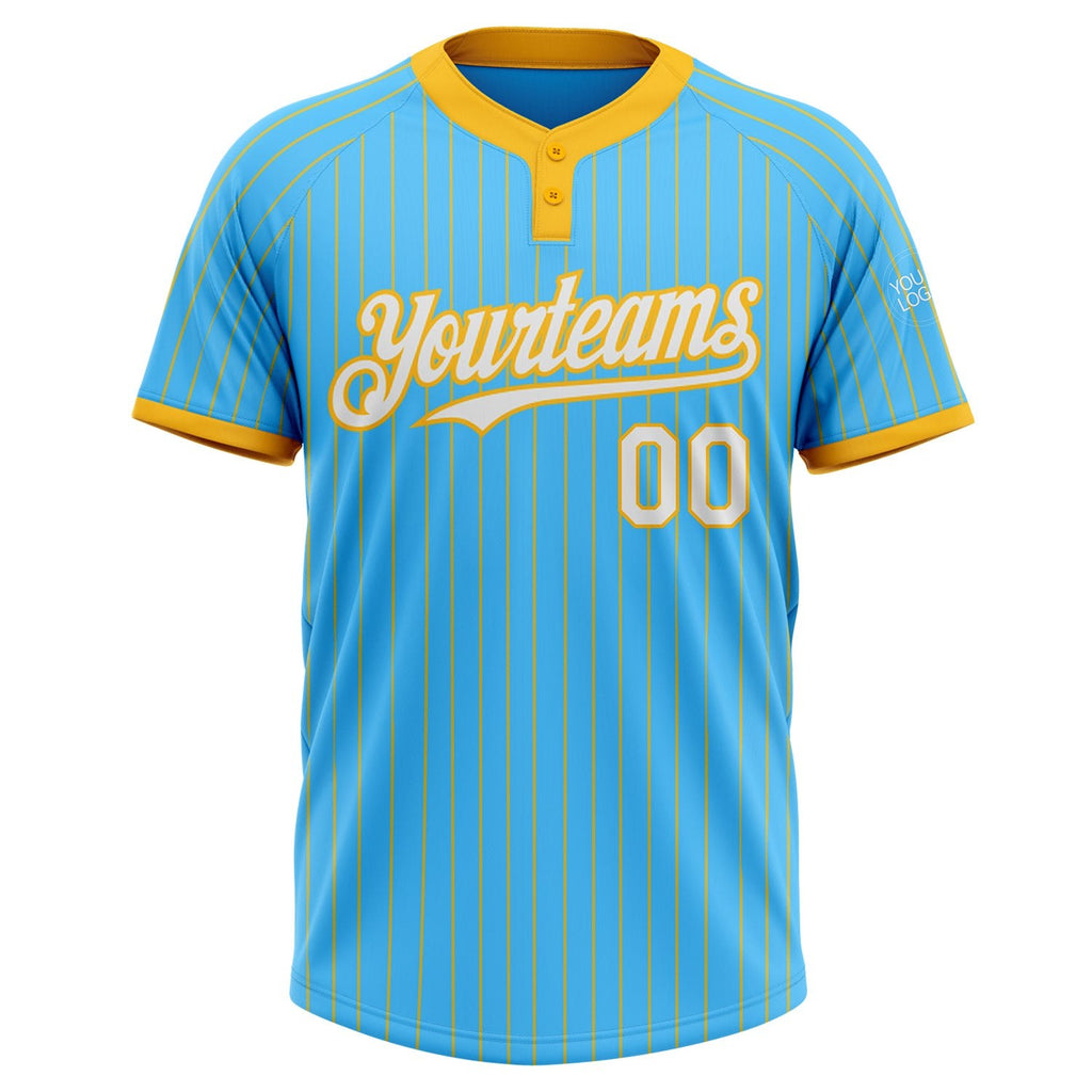 Custom Sky Blue Gold Pinstripe White Two-Button Unisex Softball Jersey photo 2