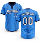 Custom Electric Blue Navy Pinstripe White Two-Button Unisex Softball Jersey