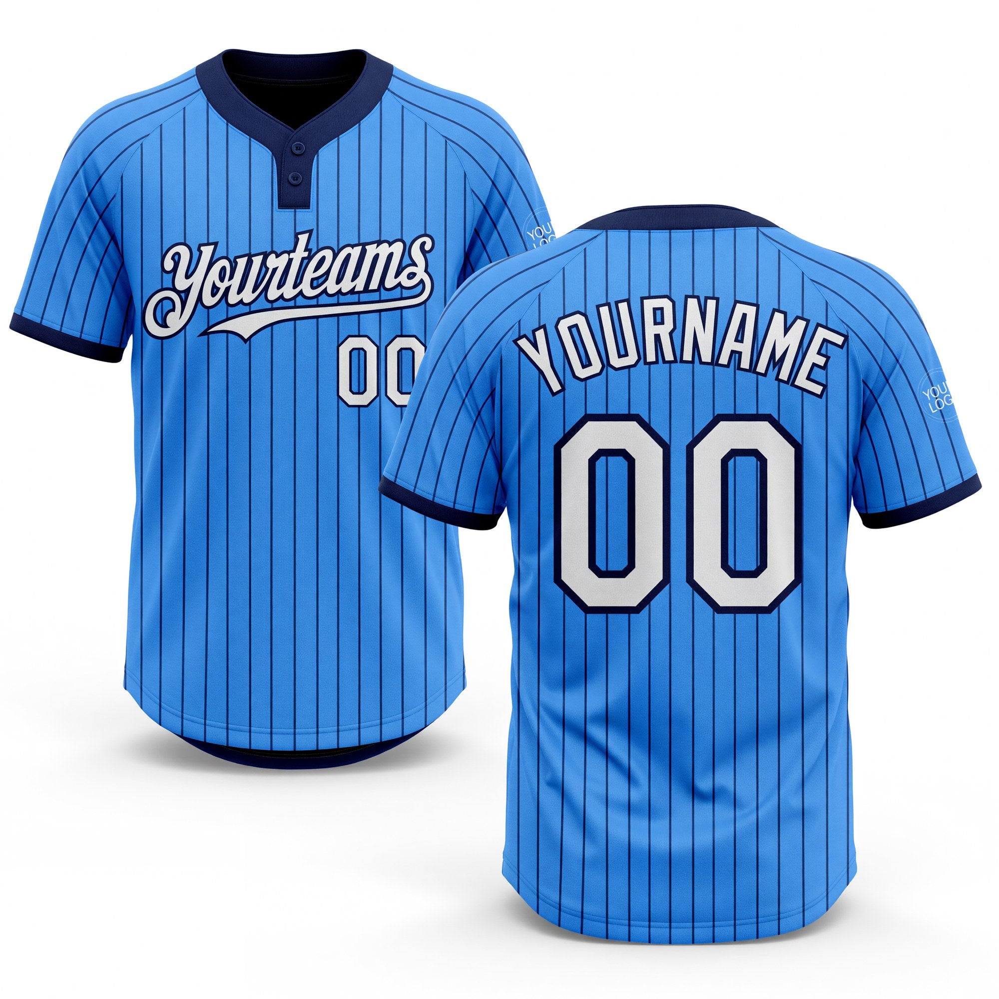 Custom Electric Blue Navy Pinstripe White Two-Button Unisex Softball Jersey