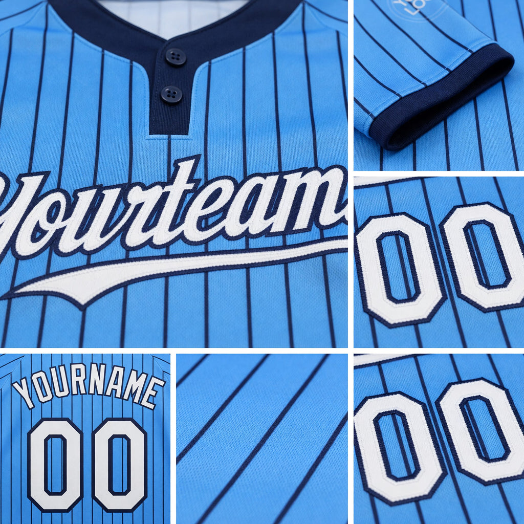 Custom Electric Blue Navy Pinstripe White Two-Button Unisex Softball Jersey detail