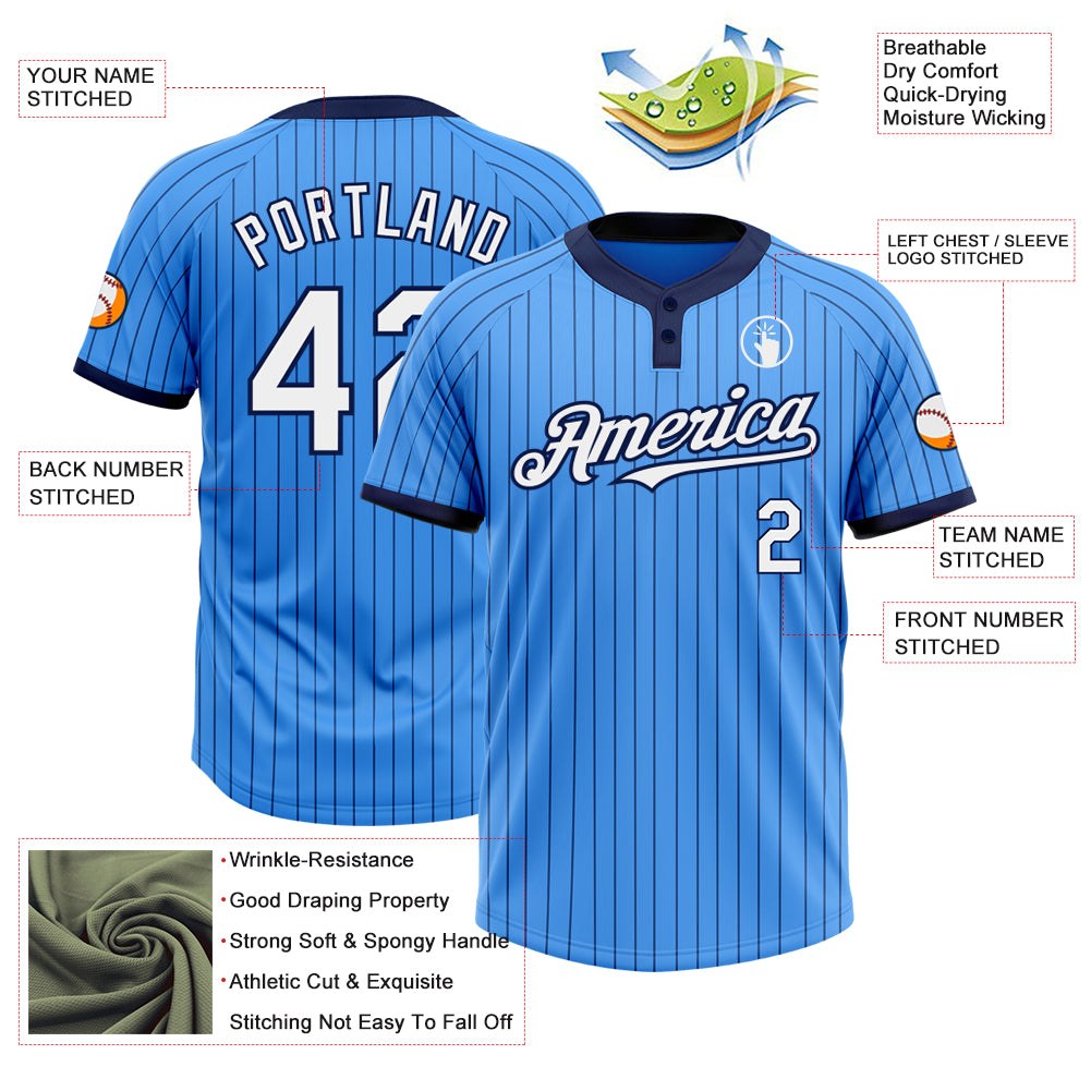Custom Electric Blue Navy Pinstripe White Two-Button Unisex Softball Jersey photo 3