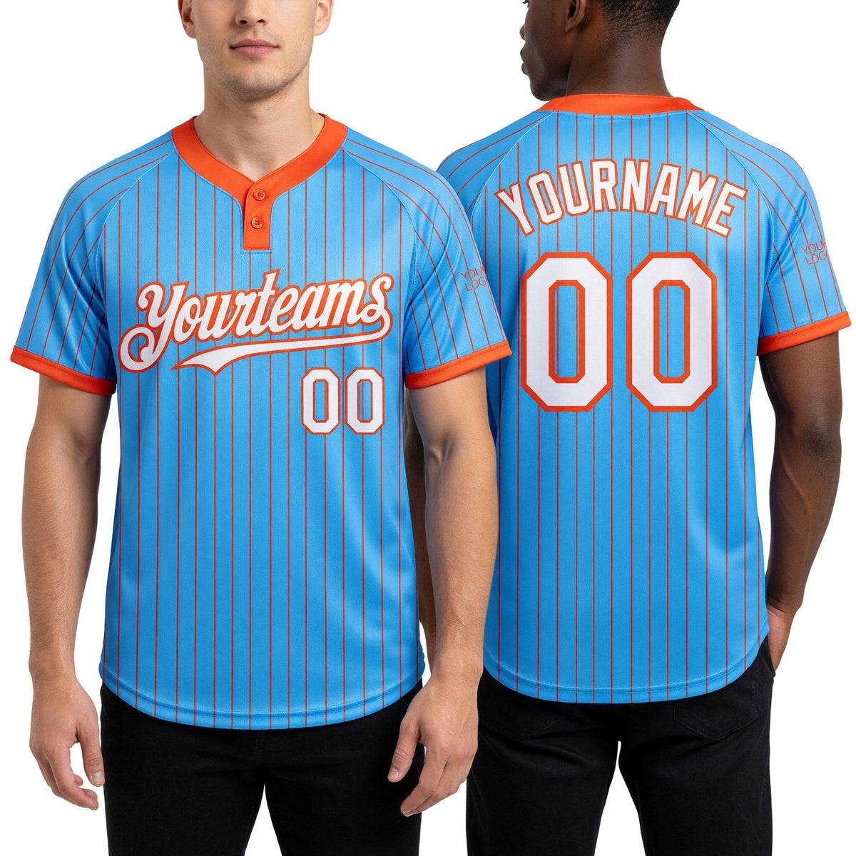 Custom Electric Blue Orange Pinstripe White Two-Button Unisex Softball Jersey worn front and back