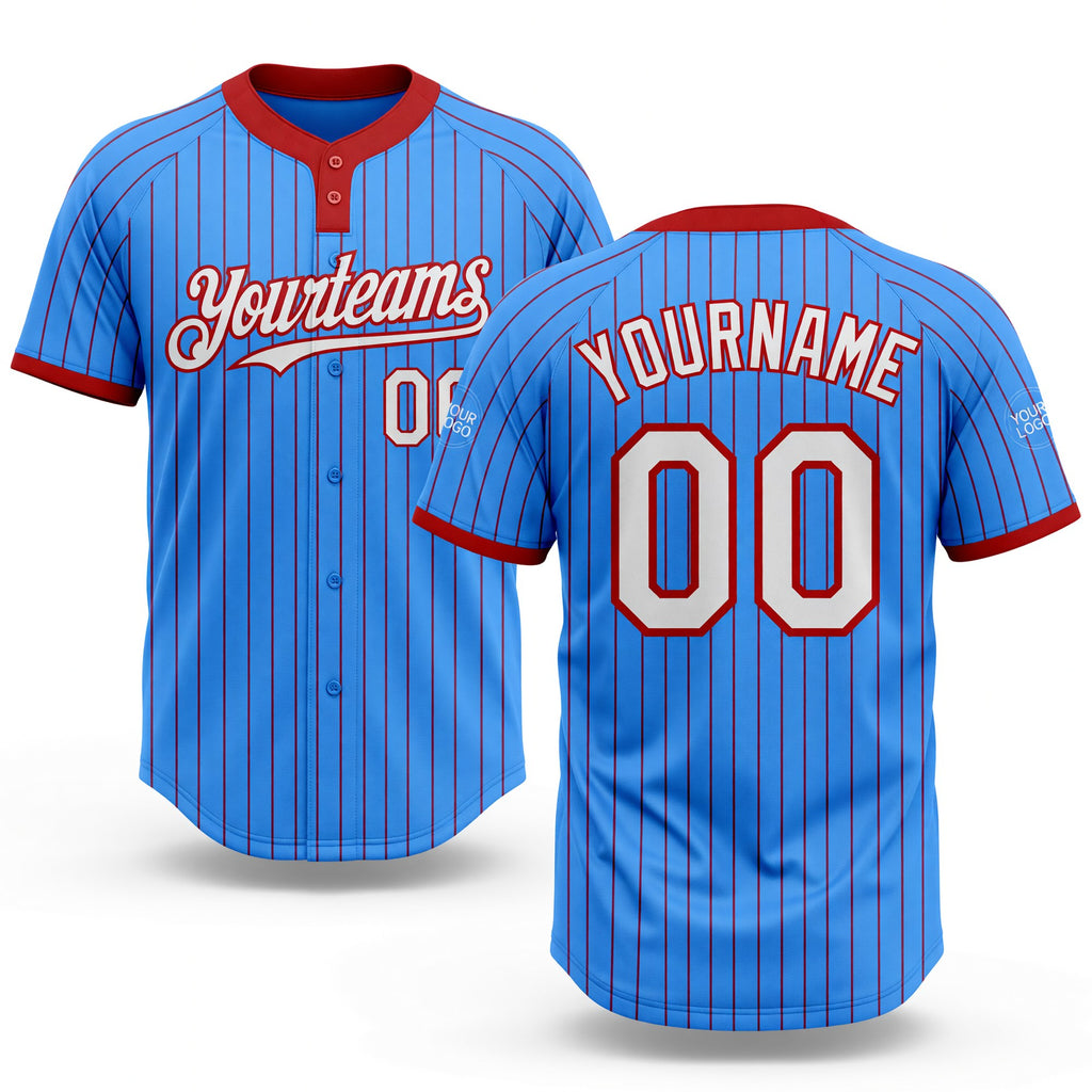 Custom Electric Blue Red Pinstripe White Two-Button Unisex Softball Jersey