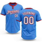 Custom Electric Blue Red Pinstripe White Two-Button Unisex Softball Jersey