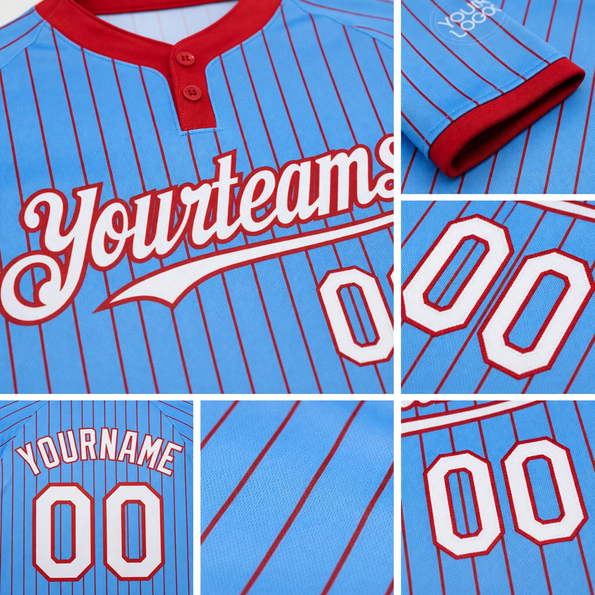 Custom Electric Blue Red Pinstripe White Two-Button Unisex Softball Jersey detail