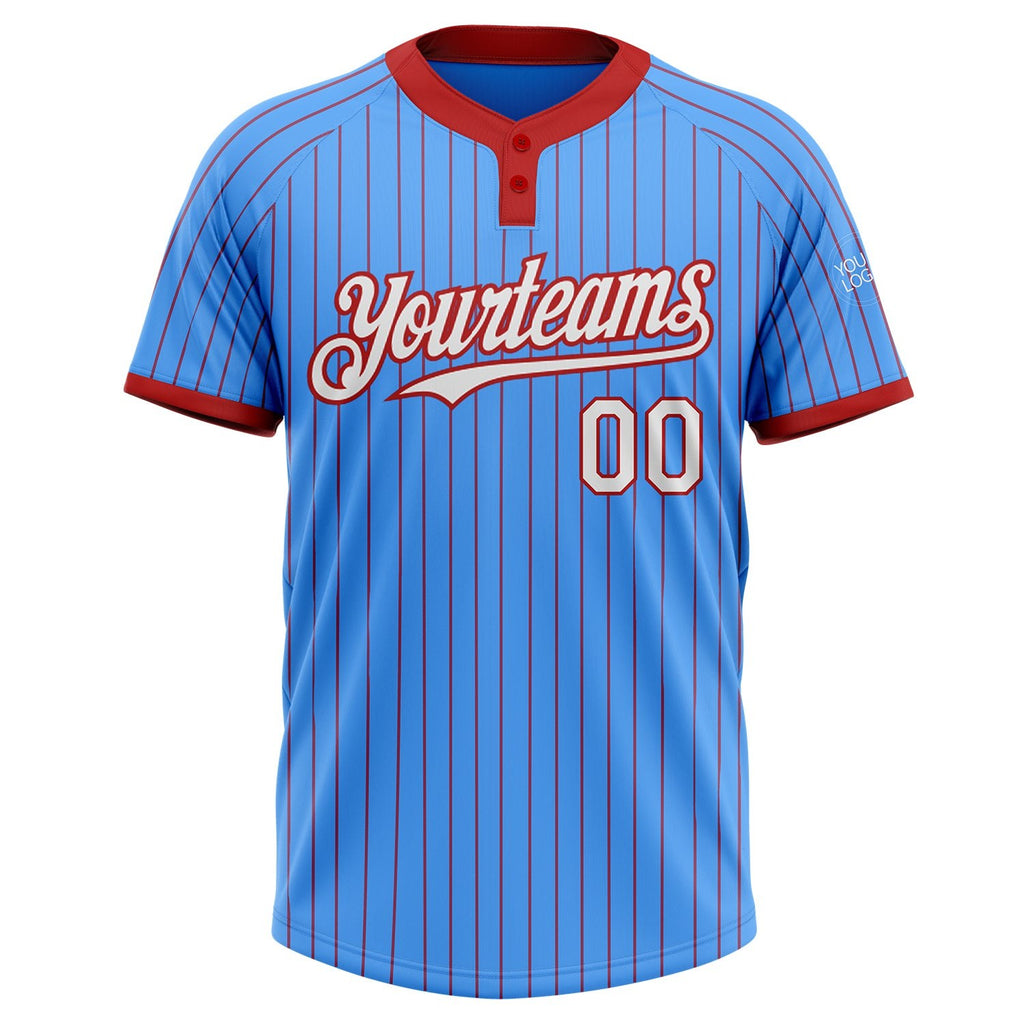 Custom Electric Blue Red Pinstripe White Two-Button Unisex Softball Jersey photo 2