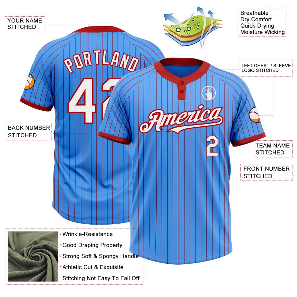 Custom Electric Blue Red Pinstripe White Two-Button Unisex Softball Jersey photo 3
