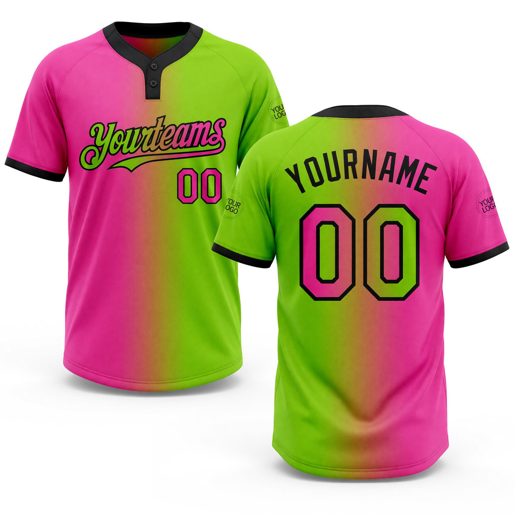 Custom Neon Green Pink-Black Gradient Fashion Two-Button Unisex Softball Jersey