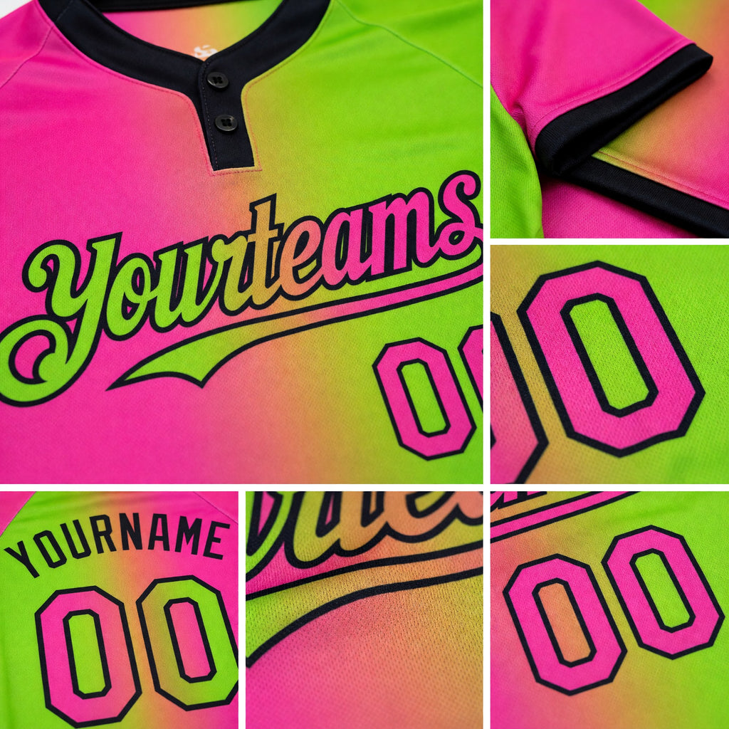 Custom Neon Green Pink-Black Gradient Fashion Two-Button Unisex Softball Jersey detail