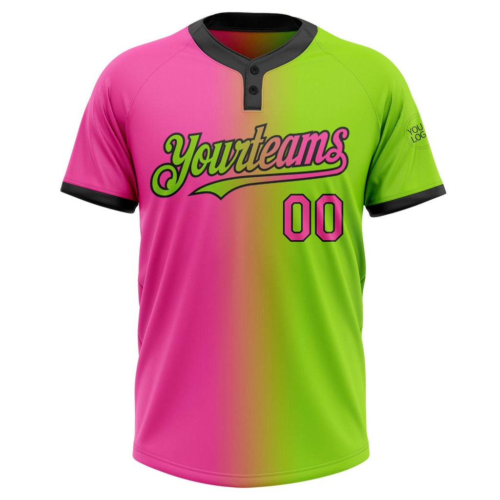 Custom Neon Green Pink-Black Gradient Fashion Two-Button Unisex Softball Jersey photo 2
