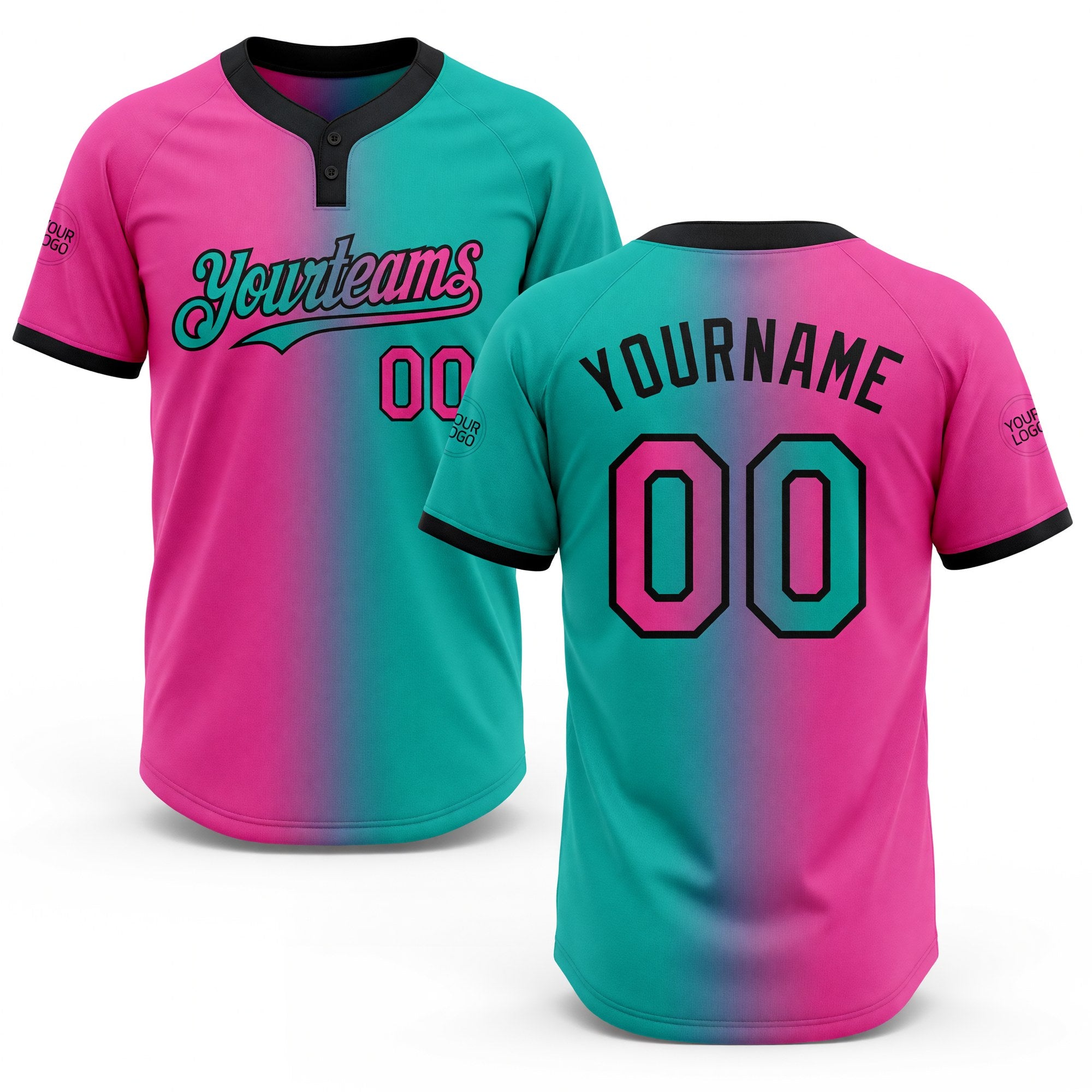 Custom Aqua Pink-Black Gradient Fashion Two-Button Unisex Softball Jersey