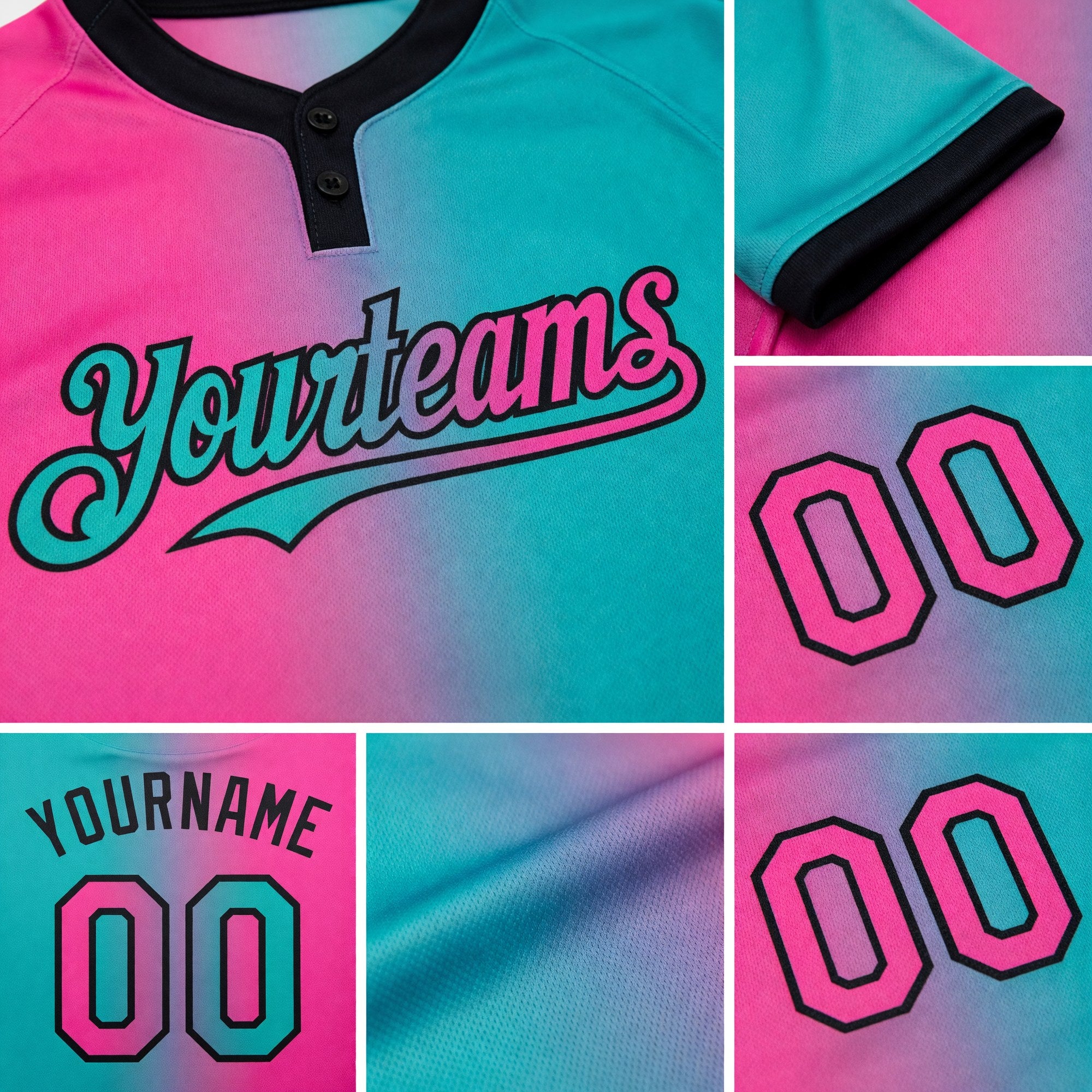 Custom Aqua Pink-Black Gradient Fashion Two-Button Unisex Softball Jersey detail