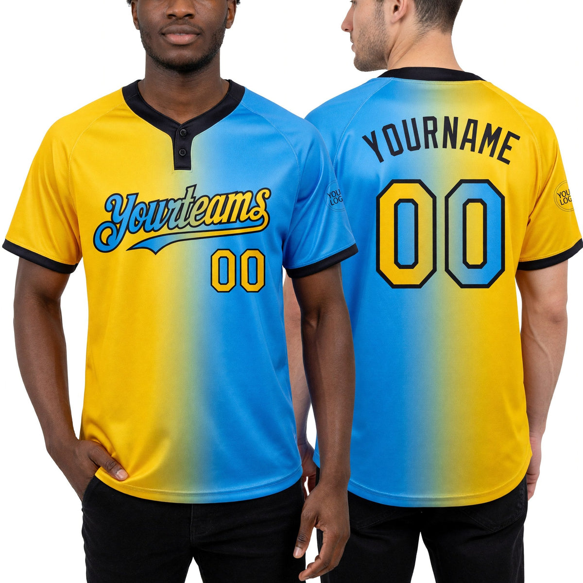 Custom Electric Blue Yellow-Black Gradient Fashion Two-Button Unisex Softball Jersey worn front and back