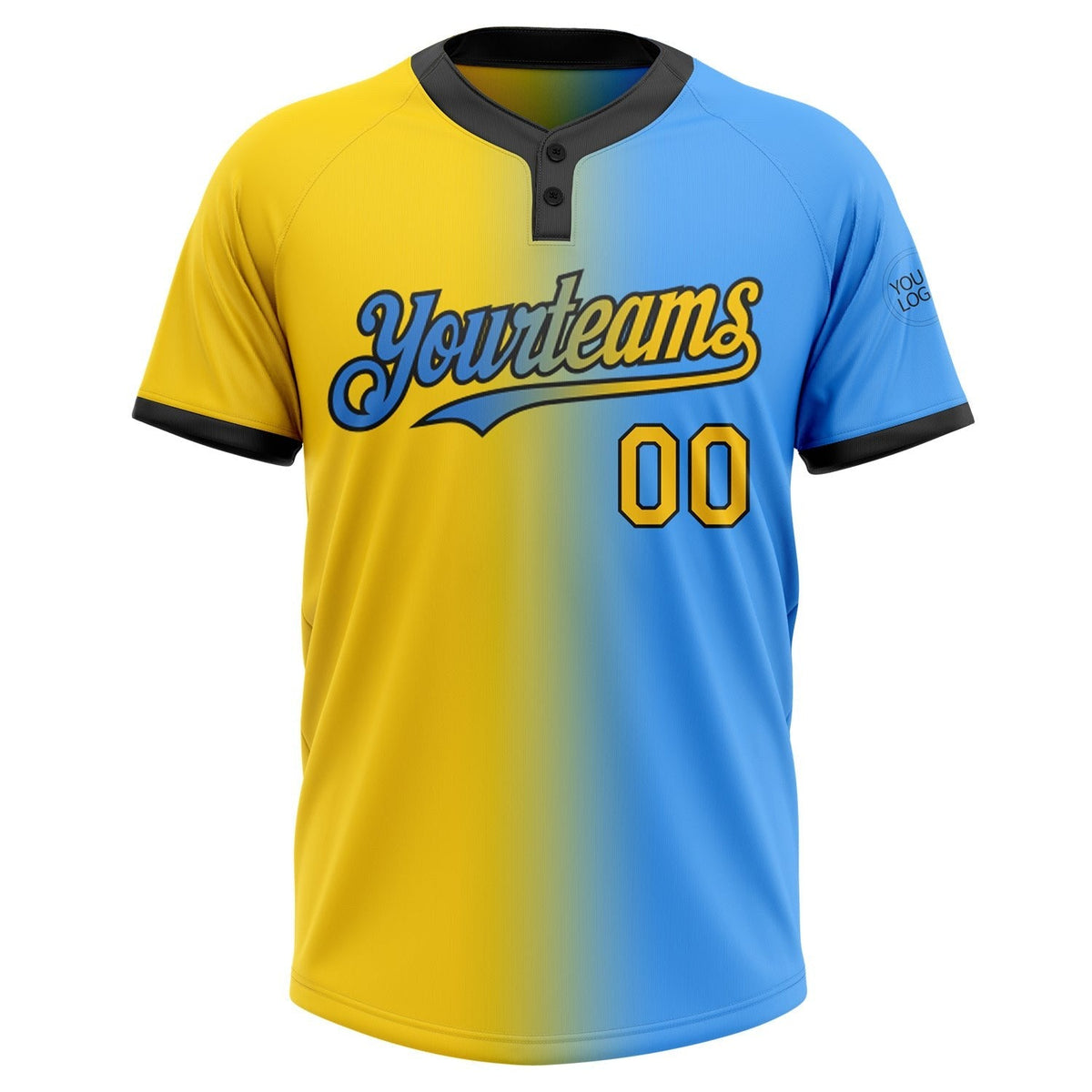 Custom Electric Blue Yellow-Black Gradient Fashion Two-Button Unisex Softball Jersey photo 2