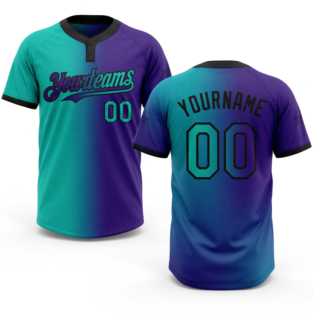 Custom Purple Aqua-Black Gradient Fashion Two-Button Unisex Softball Jersey
